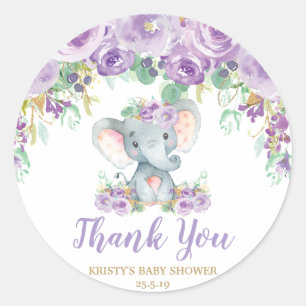 Paarse Bloem Olifant Baby Shower Dank Je Favoriet Ronde Sticker