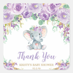 Paarse Bloem Olifant Baby Shower Dank Je Favoriet Vierkante Sticker