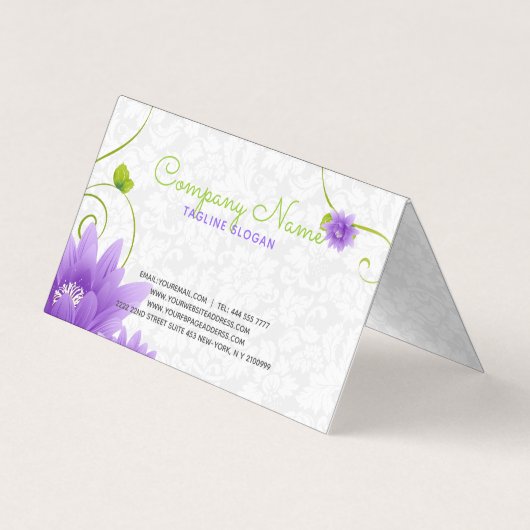 Paarse bloem op witte damast visitekaartje (Achterkant)