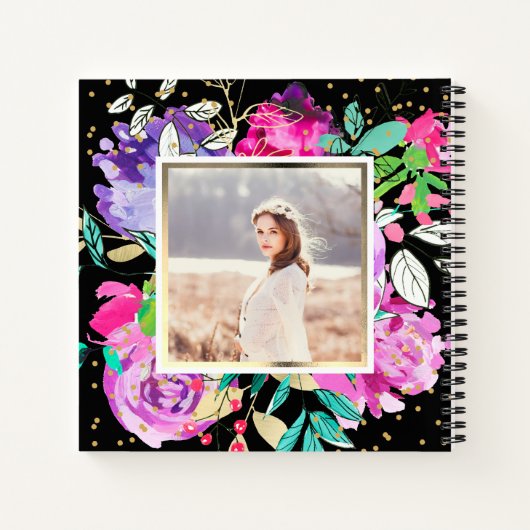 Paarse bloem op zwart met Confetti Foto Notitieboek (Achterkant)