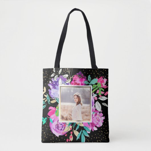 Paarse bloem op zwart met Confetti Foto Tote Bag (Voorkant)