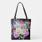 Paarse bloem op zwart met Confetti Foto Tote Bag (Achterkant)