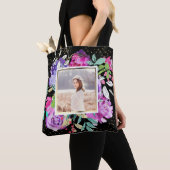 Paarse bloem op zwart met Confetti Foto Tote Bag (Dichtbij)
