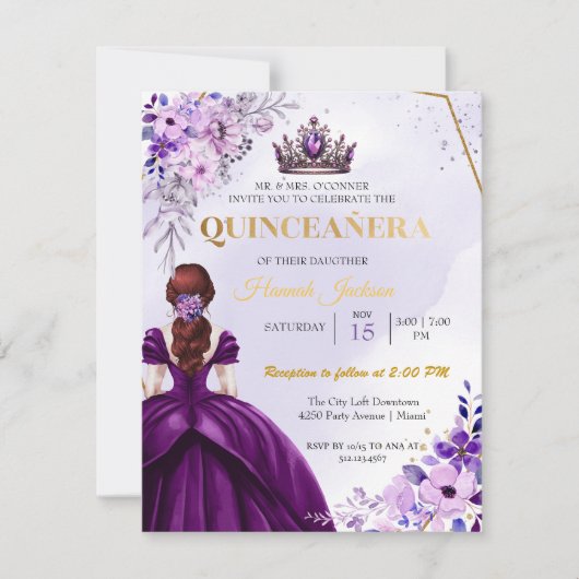 Paarse Bloem Prinses Jurk Quinceanera Kaart (Voorkant)