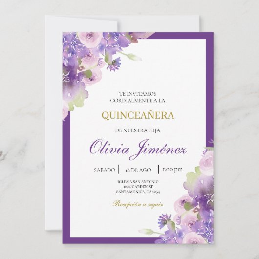 Paarse bloem quinceañera kaart (Voorkant)