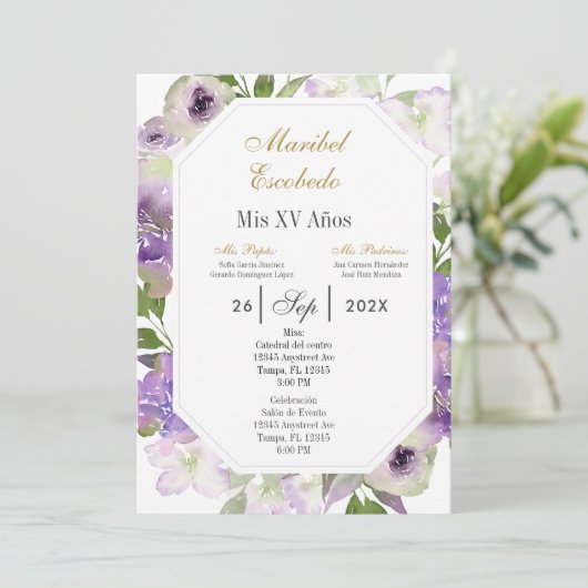 paarse bloem Quinceanera uitnodiging (Staand voorkant)