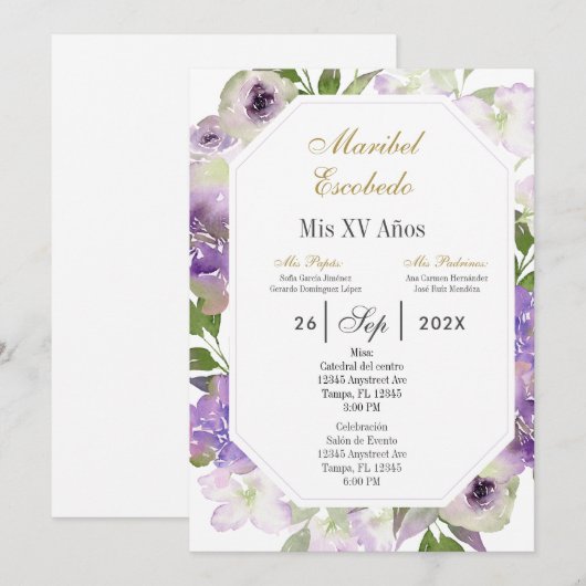 paarse bloem Quinceanera uitnodiging (Voorkant / Achterkant)