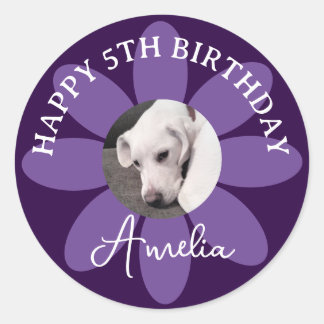Paarse Bloem Schattige Witte Hond Foto 5e Verjaard Ronde Sticker