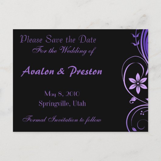 Paarse bloem scrollwork Sla de datum Kaart (Achterkant)