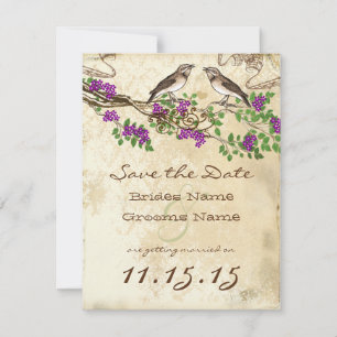 Paarse Bloem Tak Vintage Vogels Bruiloft RSVP Kaart