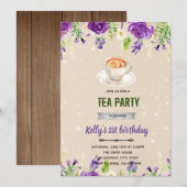 Paarse bloem theeparty uitnodiging (Voorkant / Achterkant)