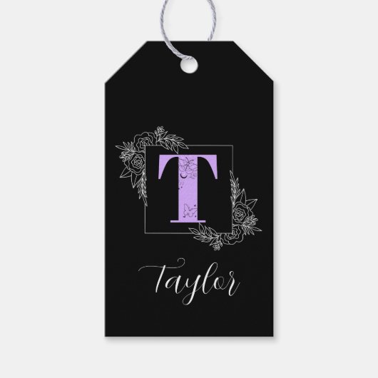 Paarse Bloem Vlinder Aangepast Monogram - Letter T Cadeaulabel (Voorkant)