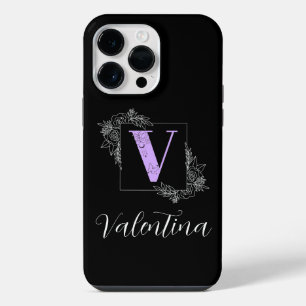 Paarse Bloem Vlinder Aangepast Monogram - Letter V iPhone 14 Pro Max Hoesje