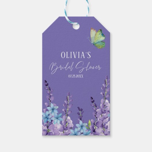 Paarse Bloem Vlinder Bruiloft Feest Cadeaulabel (Voorkant)