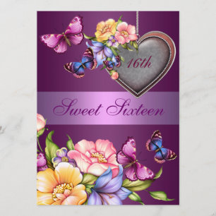 Paarse Bloem Vlinder Sweet16 Verjaardagsuitnodigin Kaart