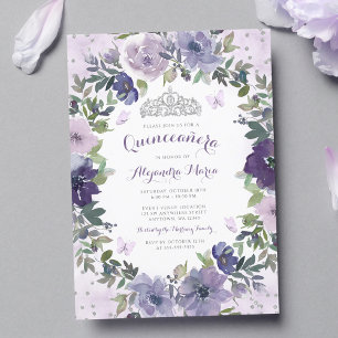 Paarse bloem vlinder zilveren tiara Quinceanera Kaart
