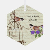 Paarse bloem  vogel Bewaar de geboortedatum Glas Ornament (Achterkant)