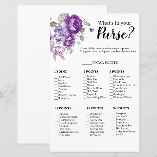 Paarse Bloem Wat Zit Er In Je Tas Bruiloftsspel (Voorkant / Achterkant)