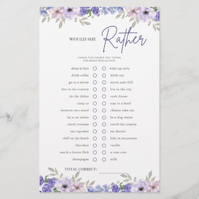 Paarse bloem wil ze liever Vrijgezellenfeest spel (Voorkant)