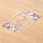 Paarse Bloem Zilveren Kruis Roze 1e Heilige Commun Acryl Uitnodigingen (Laagn)