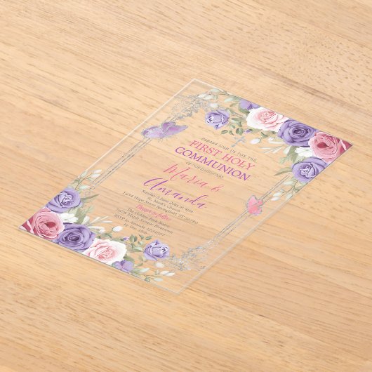 Paarse Bloem Zilveren Kruis Roze 1e Heilige Commun Acryl Uitnodigingen (Laagn)