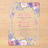 Paarse Bloem Zilveren Kruis Roze 1e Heilige Commun Acryl Uitnodigingen (Voorkant)