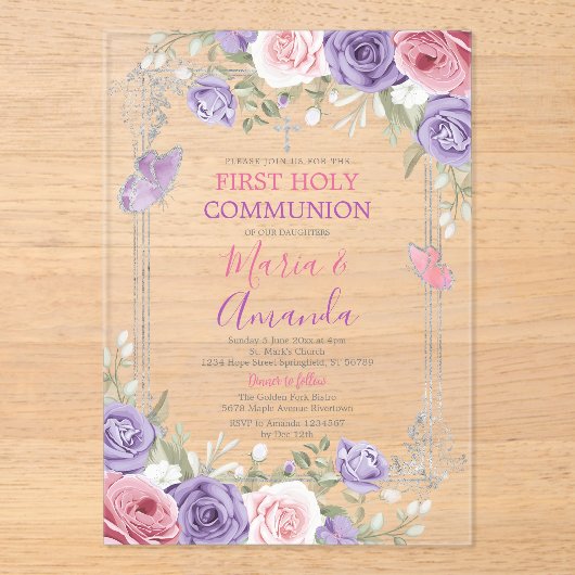 Paarse Bloem Zilveren Kruis Roze 1e Heilige Commun Acryl Uitnodigingen (Voorkant)