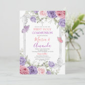 Paarse Bloem Zilveren Kruis Roze 1e Heilige Commun Kaart (Staand voorkant)
