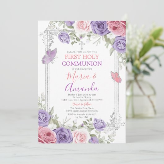 Paarse Bloem Zilveren Kruis Roze 1e Heilige Commun Kaart (Staand voorkant)