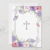 Paarse Bloem Zilveren Kruis Roze 1e Heilige Commun Kaart (Achterkant)