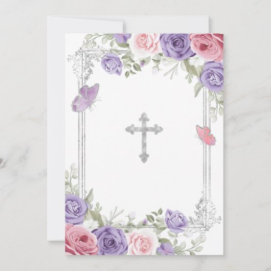 Paarse Bloem Zilveren Kruis Roze 1e Heilige Commun Kaart (Achterkant)