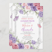 Paarse Bloem Zilveren Kruis Roze 1e Heilige Commun Kaart (Voorkant / Achterkant)