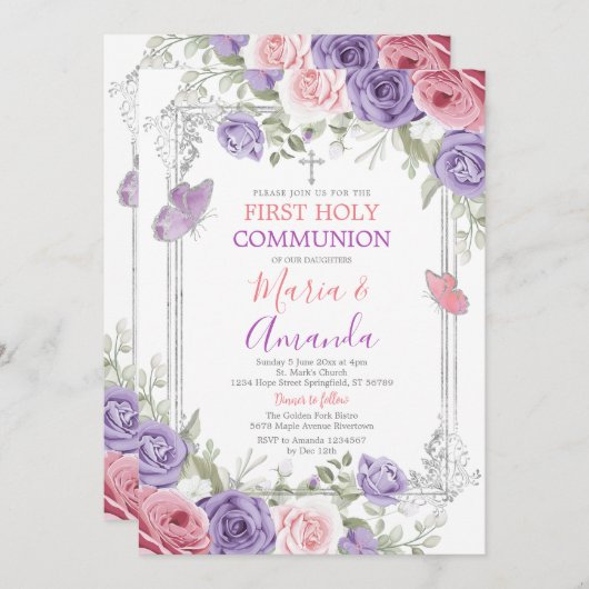 Paarse Bloem Zilveren Kruis Roze 1e Heilige Commun Kaart (Voorkant / Achterkant)