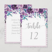 Paarse Bloem & Zilveren Tafel Nummer Stoelverdelin Kaart (Voorkant / Achterkant)