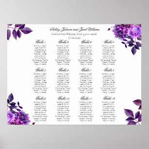 Paarse bloem zitplaatskaart print. Lila bruiloft Poster