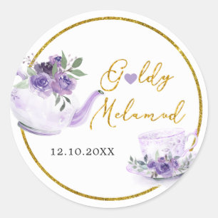 Paarse bloemachtige bruiloftsthee bedanksticker ronde sticker