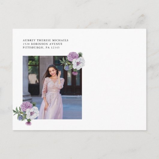  Paarse Bloembevestiging Dank u Foto Briefkaart (Achterkant)