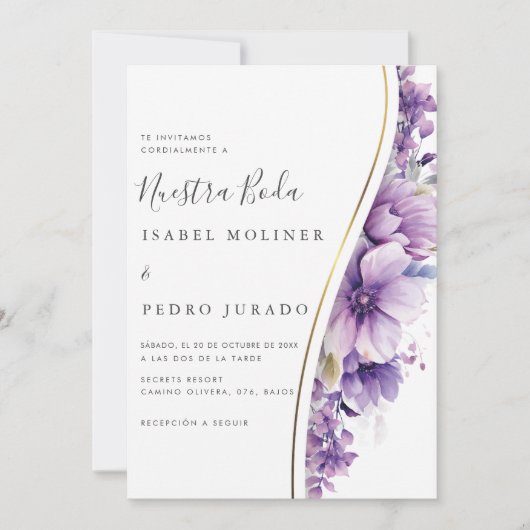 Paarse bloemblaadje nuestra boda spaanse bruiloft kaart (Voorkant)