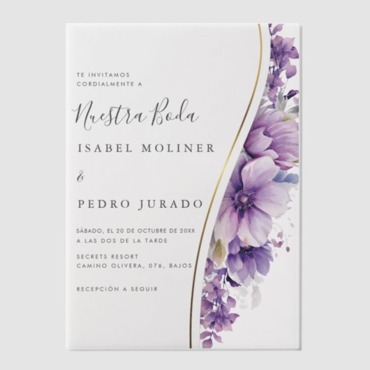 Paarse bloemblaadje nuestra boda spaanse bruiloft vellum uitnodigingen (Voorkant)