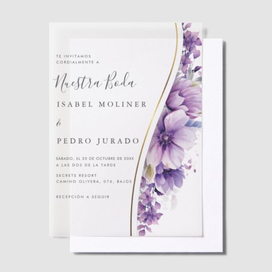 Paarse bloemblaadje nuestra boda spaanse bruiloft vellum uitnodigingen (Offset)