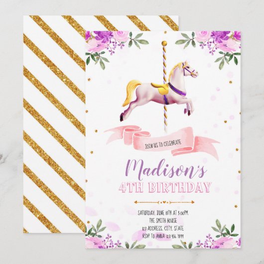 Paarse bloemcarrousel - uitnodiging (Voorkant / Achterkant)