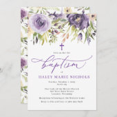 Paarse bloemdoopuitnodiging kaart (Voorkant / Achterkant)