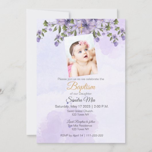 Paarse bloemdoopuitnodiging kaart (Voorkant)