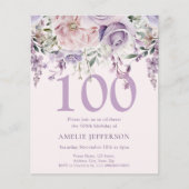 Paarse Bloemen 100e Budget Verjaardagsuitnodiging (Voorkant)