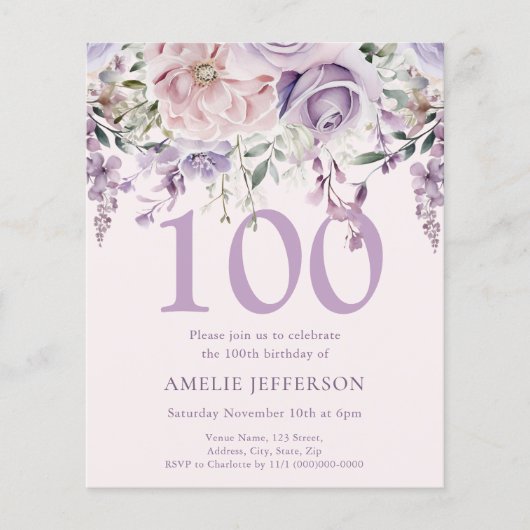 Paarse Bloemen 100e Budget Verjaardagsuitnodiging (Voorkant)