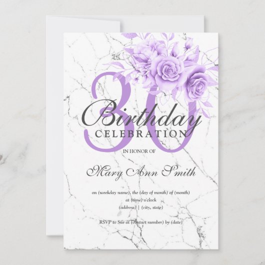 Paarse Bloemen 30e Verjaardagsfeestje Marmer Kaart (Voorkant)