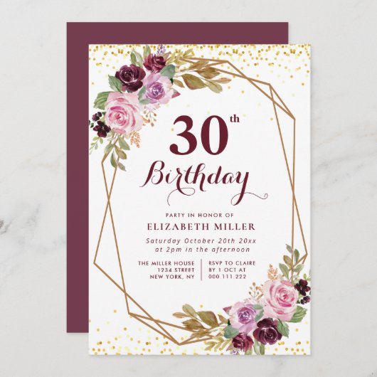 paarse Bloemen 30e Verjaardagsfeestuitnodiging Kaart (Voorkant / Achterkant)