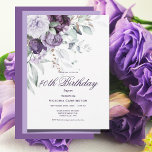 Paarse Bloemen 40e Verjaardag Waterverf Modern Kaart<br><div class="desc">Mooie paarse waterverf bloemetjes met lichtgroene waterverf groen stroomt naar beneden over fancy schrift en modern lettertype in het coördineren van paarse kleur 40th Birthday Party Invitation. Zo chique en gesofisticeerd. De achterkant van deze uitnodiging wordt gedaan in een lavendelkleur om in te mengen met de cascade van bloemen die...</div>