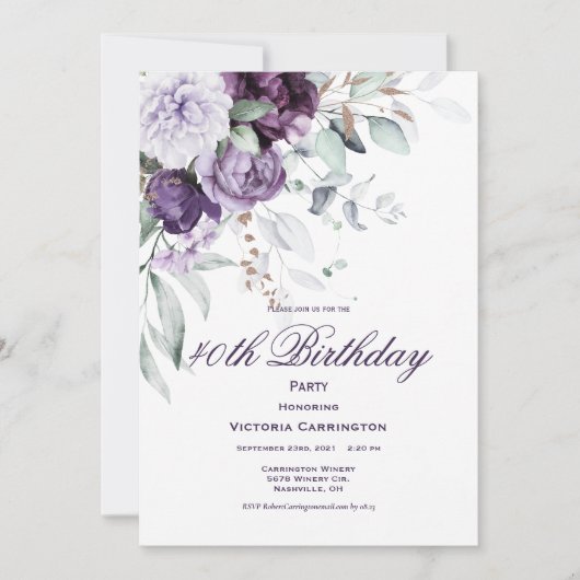 Paarse Bloemen 40e Verjaardag Waterverf Modern Kaart (Voorkant)