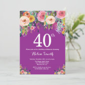 Paarse Bloemen 40ste Verjaardag Uitnodiging (Staand voorkant)